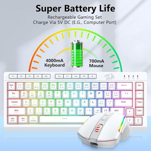 Redragon Wireless Gaming Keyboard and Mouse Combo, Bluetooth/2.4G/USB-C Wired, RGB Backlit, 60% Portable Quiet Rechargeable Macro Membrane Keyboard & 12800 DPI Mouse for Win/MAC, White in Kuwait