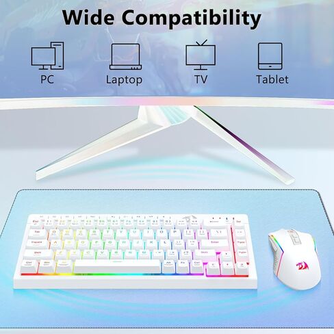 Redragon Wireless Gaming Keyboard and Mouse Combo, Bluetooth/2.4G/USB-C Wired, RGB Backlit, 60% Portable Quiet Rechargeable Macro Membrane Keyboard & 12800 DPI Mouse for Win/MAC, White in Kuwait