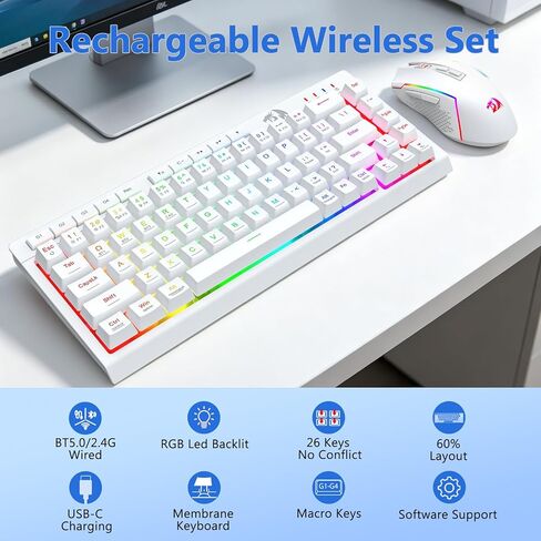 Redragon Wireless Gaming Keyboard and Mouse Combo, Bluetooth/2.4G/USB-C Wired, RGB Backlit, 60% Portable Quiet Rechargeable Macro Membrane Keyboard & 12800 DPI Mouse for Win/MAC, White in Kuwait