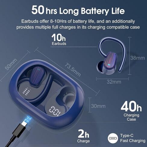 Wireless Earbuds, Bluetooth 5.4 Headphones Sport, Over Ear Buds with ENC Noise Canceling Mic, Deep Bass Stereo Ear Buds with Hook, 50H Playback, LED Display, IP7 Earphones for Workout, Dark Blue in Kuwait