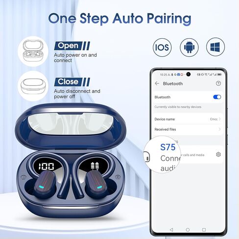 Wireless Earbuds, Bluetooth 5.4 Headphones Sport, Over Ear Buds with ENC Noise Canceling Mic, Deep Bass Stereo Ear Buds with Hook, 50H Playback, LED Display, IP7 Earphones for Workout, Dark Blue in Kuwait