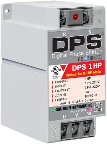 محول DPS أمريكي أحادي الطور إلى 3 مراحل، 1 حصان، 3 أمبير، الإدخال/الإخراج 200 فولت - 240 فولت، محول الطور الرقمي، يجب استخدامه لمحرك 0.5 حصان (0.4 كيلو واط) 1.5 أمبير، يجب استخدام DPS لمحرك واحد فقط، مدرج في قائمة UL in Kuwait