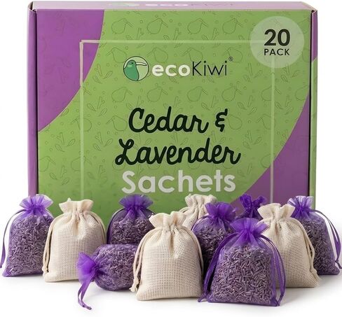 Ecokiwi Cedar & Lavender Sachets-20 كيسًا للعطر المنزلي والروائح الطازجة ، وأيديار آند لافندر للأدراج وأقرب ، وأقرب ، وأغراض ثنائية الأغراض لوقف أضرار الملابس وأقرب نضارة in Saudi Arabia