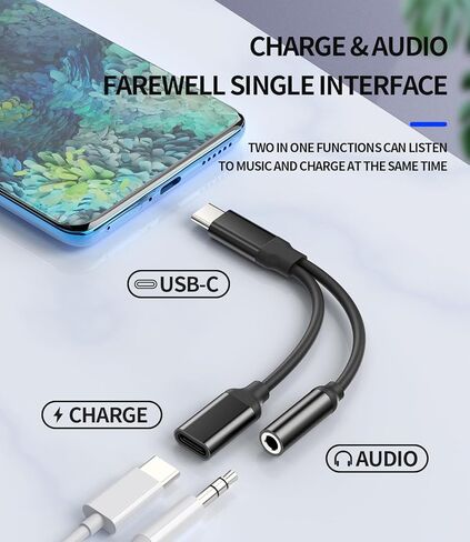 شاحن سماعة الرأس iPhone USB-C إلى 3.5 مم 2 في 1 محول DAC من النوع C Jack Audio Splitter Aux Dongle ملحقات سلك الشحن المتوافقة مع Samsung Galaxy Apple 15 Pro Max Plus iPad 10、Air4/5、Mini6、12.9 in Kuwait