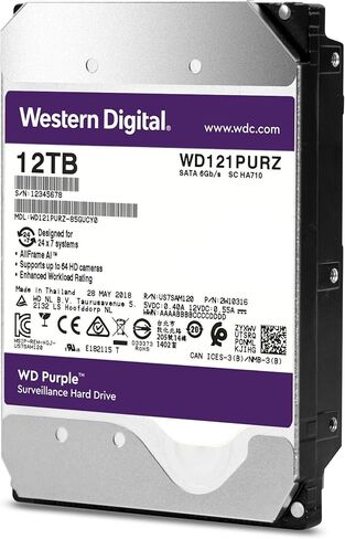 محرك الأقراص الصلبة للمراقبة WD Purple سعة 12 تيرابايت - فئة 7200 دورة في الدقيقة، SATA 6 جيجابايت/ثانية، ذاكرة تخزين مؤقت 256 ميجابايت، 3.5 بوصة - WD121PURZ (متجدد) in Kuwait