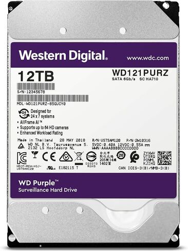 محرك الأقراص الصلبة للمراقبة WD Purple سعة 12 تيرابايت - فئة 7200 دورة في الدقيقة، SATA 6 جيجابايت/ثانية، ذاكرة تخزين مؤقت 256 ميجابايت، 3.5 بوصة - WD121PURZ (متجدد) in Kuwait