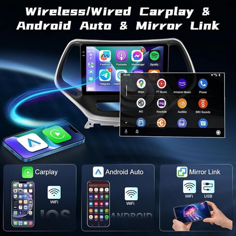 [4+128G] NHOPEEW Car Radio for Jeep Cherokee 2013-2018 with Wireless Carplay and Android Auto - 10 Inch Incell Touchscreen Android Car Stereo - GPS / 5GHz WiFi/EQ Audio/SWC + AHD Backup Camera in Kuwait