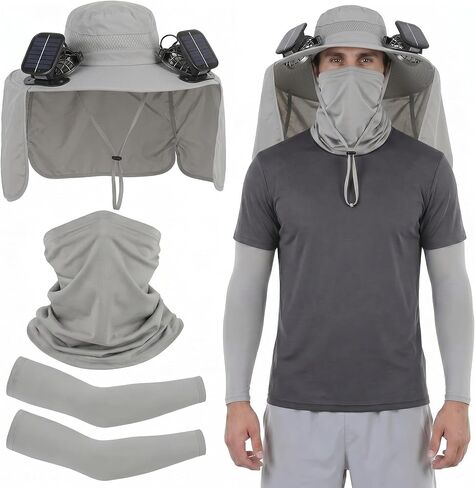3 Packs Solar Fan Hat with Arm Sleeves and Neck Gaiter Wide Brim Fishing Hat for Outdoor Camping Hiking in Kuwait