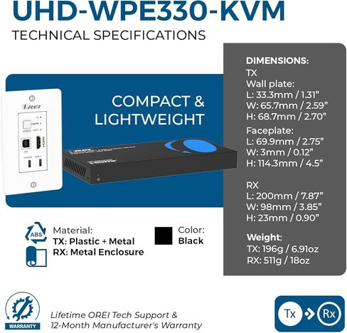 لوحة حائط موسع OREI 4K HDBaseT HDMI وUSB-C KVM - 330 قدمًا فوق Cat6، 18 جيجابت في الثانية، HDR10، USB 2.0، PoC، مدخل مزدوج in Kuwait