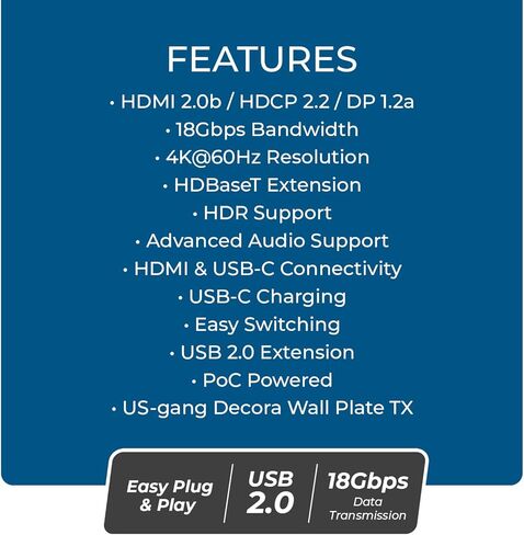 لوحة حائط موسع OREI 4K HDBaseT HDMI وUSB-C KVM - 330 قدمًا فوق Cat6، 18 جيجابت في الثانية، HDR10، USB 2.0، PoC، مدخل مزدوج in Kuwait