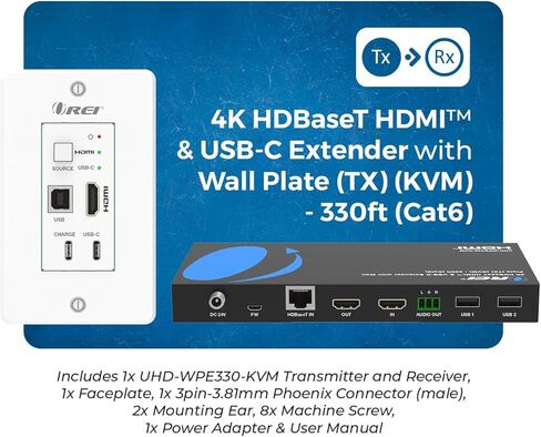 لوحة حائط موسع OREI 4K HDBaseT HDMI وUSB-C KVM - 330 قدمًا فوق Cat6، 18 جيجابت في الثانية، HDR10، USB 2.0، PoC، مدخل مزدوج in Kuwait