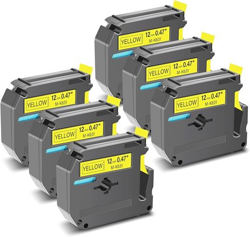 GREENCYCLE متوافق مع Brother M631 M-K631 M-631 MK631s شريط ملصقات غير مصفح 0.47 بوصة 1/2 بوصة × 26.2 قدم (12 مم × 8 م) لـ PT-45M PT-90 PT-70BM PT-70 PT-M95 PT65 PT-85 (أسود على أصفر، 6 عبوات) in Kuwait