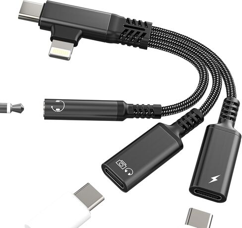 محول سماعة رأس بيانات USB C OTG (3in2) لهاتف iPhone 17 16 15 14 Pro Max Lightning إلى Aux Audio Jack 3.5 مم مقسم لشاحن Apple Dongle نوع C لجهاز Ipad ثنائي الشحن للسيارة DAC متوافق مع Samsung in Kuwait