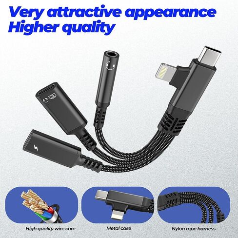 محول سماعة رأس بيانات USB C OTG (3in2) لهاتف iPhone 17 16 15 14 Pro Max Lightning إلى Aux Audio Jack 3.5 مم مقسم لشاحن Apple Dongle نوع C لجهاز Ipad ثنائي الشحن للسيارة DAC متوافق مع Samsung in Kuwait