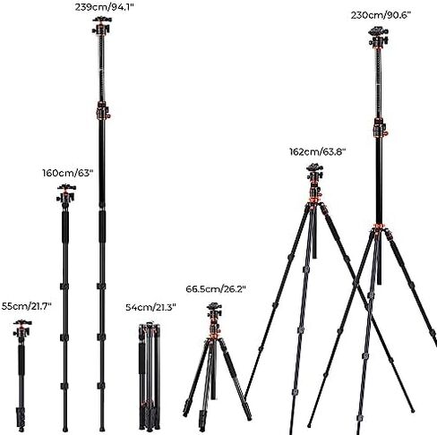 K&F CONCEPT 90''/230cm Ultra High Camera Tripod with Magnetic Metal Phone Mount, Horizontal Overhead Shooting Travel Tripods with Metal Ball Head 10KG Load Capacity in Kuwait