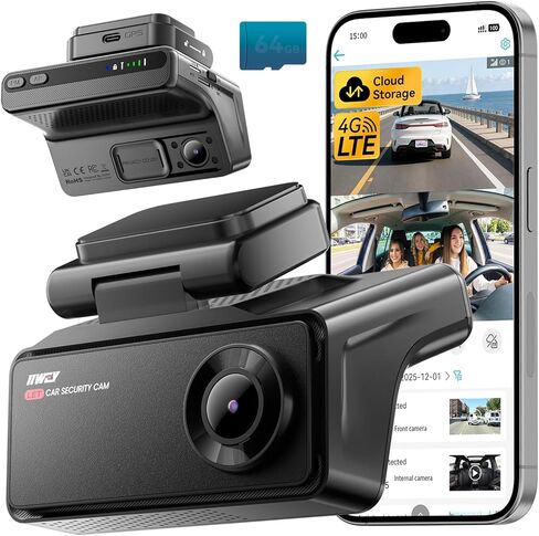 IIWEY 4G LTE Dash Cam with Live-Streaming, Anti-Theft Car Security Camera, Instant Alert via App, Cloud & SD Storage, 2K+1080P Front Inside, No Screen, IR Night Vision, 24/7 Parking Mode, GPS, OBD in Kuwait