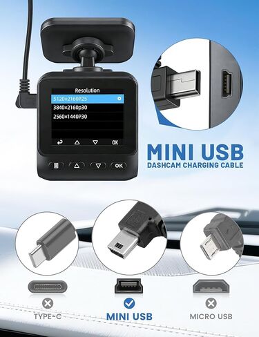 EWAY Mini USB Dash Cam Power Cord 10ft, USB-C to Left Angle Mini-b Cable, Replacement Dashcam Power Supply Cable for Front Rear Dashboard Camera, Compatible with Car Type-C Port in Kuwait