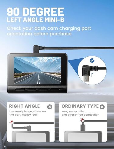 EWAY Mini USB Dash Cam Power Cord 10ft, USB-C to Left Angle Mini-b Cable, Replacement Dashcam Power Supply Cable for Front Rear Dashboard Camera, Compatible with Car Type-C Port in Kuwait