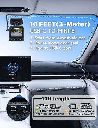 EWAY Mini USB Dash Cam Power Cord 10ft, USB-C to Left Angle Mini-b Cable, Replacement Dashcam Power Supply Cable for Front Rear Dashboard Camera, Compatible with Car Type-C Port in Kuwait