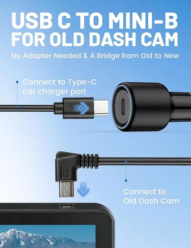 EWAY Mini USB Dash Cam Power Cord 10ft, USB-C to Left Angle Mini-b Cable, Replacement Dashcam Power Supply Cable for Front Rear Dashboard Camera, Compatible with Car Type-C Port in Kuwait