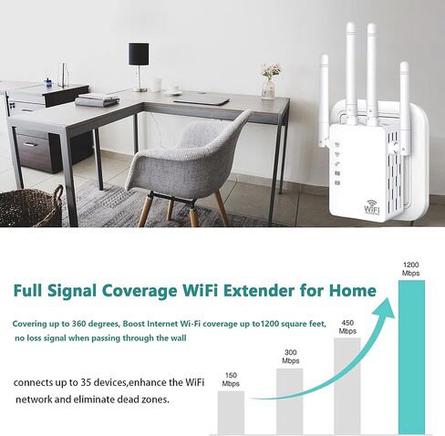 2022 معزز إشارة موسع WiFi - للمنزل يغطي ما يصل إلى 8500 قدم مربع و45 جهازًا، معزز WiFi مع منفذ إيثرنت، إعداد سهل، موسع نطاق الإنترنت - متوافق مع Alexa، Fire Stick، Ring in Kuwait