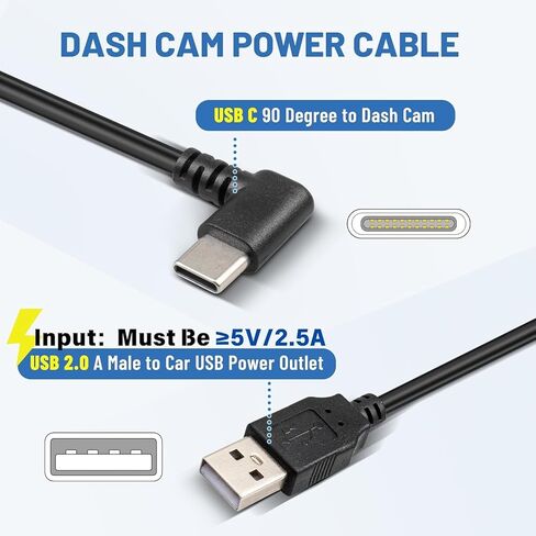 EWAY USB C Dash Cam Power Cord (6.5FT/2M), USB-A 2.0 to 90 Degree Type-C Cable REQUIRES 2.5A Input, USBC Replacement Power Supply for Front Rear View Mirror Dashcam Dashboard Recorder Recording Camera in Kuwait