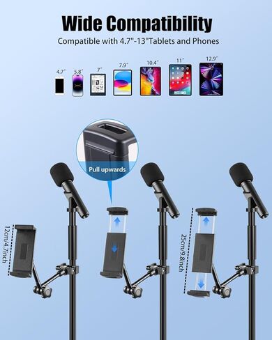 حامل SH iPad لحامل الميكروفون - حامل حامل iPad بذراع سحري مقاس 11 بوصة مع مشبك فائق، حامل كمبيوتر لوحي لحامل الميكروفون، حامل كمبيوتر لوحي قابل للتعديل يدور 360 درجة متوافق مع أجهزة iPad/iPhone/الأجهزة اللوحية مقاس 4.7 إلى 13 بوصة in Kuwait