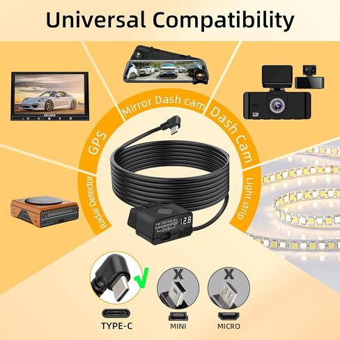 GELRHONR OBD Hardwire Kit, OBD2 to Right Angle USB C Power Adapter Cable for Dash Camera with LED Display and Low Voltage Protection, 12-30V to 5V/3A 24 Hours Surveillance and Acc 2 Mode,11.5FT in Kuwait