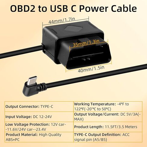 GELRHONR OBD Hardwire Kit, OBD2 to Right Angle USB C Power Adapter Cable for Dash Camera with LED Display and Low Voltage Protection, 12-30V to 5V/3A 24 Hours Surveillance and Acc 2 Mode,11.5FT in Kuwait