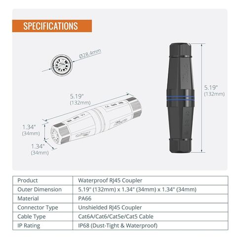 Tecmojo Waterproof Cat6 Coupler, IP68 Outdoor Ethernet Connector for CAT6/CAT5E/CAT5,Unshielded RJ45 Ethernet Extender for IP Camera and PoE Device, 5.2in,5 Pack in Kuwait