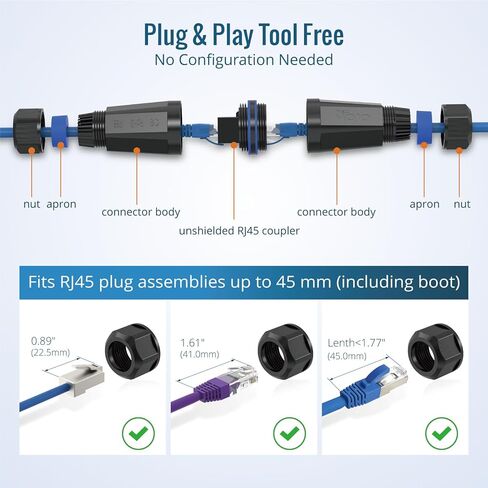 Tecmojo Waterproof Cat6 Coupler, IP68 Outdoor Ethernet Connector for CAT6/CAT5E/CAT5,Unshielded RJ45 Ethernet Extender for IP Camera and PoE Device, 5.2in,5 Pack in Kuwait