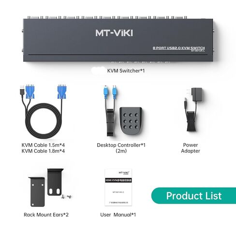 MT-VIKI KVM Switch 8 Port, 8X1 Rackmount KVM Switch VGA,Fit 1U 19'' Rack, Included 8 USB VGA KVM Cables & Power Adapter in Kuwait