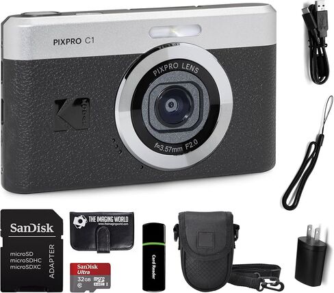 كاميرا رقمية صغيرة الحجم Kodak PIXPRO C1 باللون الأسود بدقة 13 ميجابكسل للتوجيه والتقاط الصور مع شاشة قلاب LCD قابلة للإمالة 2.8 بوصة بزاوية 180 درجة وتكبير 4X وفيديو عالي الدقة 1080 بكسل للسفر ومدونات الفيديو + حقيبة وبطاقة 32 جيجابايت وحزمة قارئ in Kuwait