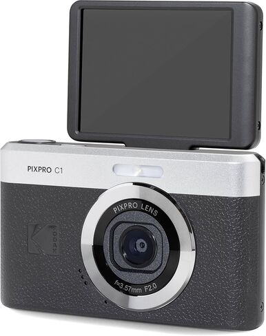 كاميرا رقمية صغيرة الحجم Kodak PIXPRO C1 باللون الأسود بدقة 13 ميجابكسل للتوجيه والتقاط الصور مع شاشة قلاب LCD قابلة للإمالة 2.8 بوصة بزاوية 180 درجة وتكبير 4X وفيديو عالي الدقة 1080 بكسل للسفر ومدونات الفيديو + حقيبة وبطاقة 32 جيجابايت وحزمة قارئ in Kuwait