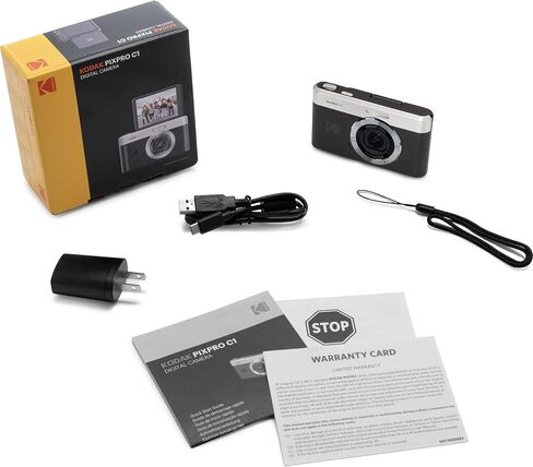 كاميرا رقمية صغيرة الحجم Kodak PIXPRO C1 باللون الأسود بدقة 13 ميجابكسل للتوجيه والتقاط الصور مع شاشة قلاب LCD قابلة للإمالة 2.8 بوصة بزاوية 180 درجة وتكبير 4X وفيديو عالي الدقة 1080 بكسل للسفر ومدونات الفيديو + حقيبة وبطاقة 32 جيجابايت وحزمة قارئ in Kuwait
