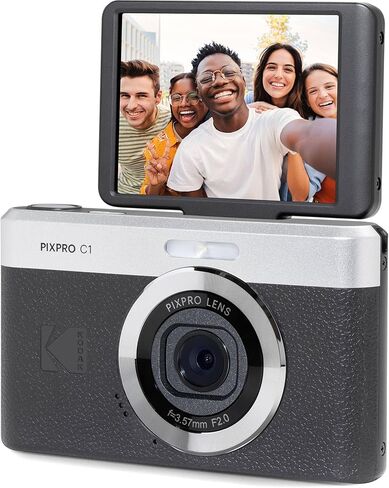 كاميرا رقمية صغيرة الحجم Kodak PIXPRO C1 باللون الأسود بدقة 13 ميجابكسل للتوجيه والتقاط الصور مع شاشة قلاب LCD قابلة للإمالة 2.8 بوصة بزاوية 180 درجة وتكبير 4X وفيديو عالي الدقة 1080 بكسل للسفر ومدونات الفيديو + حقيبة وبطاقة 32 جيجابايت وحزمة قارئ in Kuwait