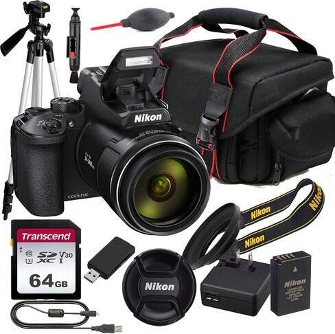 كاميرا Nikon COOLPIX P950 الرقمية مع عدسة تكبير بصري NIKKOR 83x، وبطاقة ذاكرة Transcend SD سعة 64 جيجابايت، وحامل ثلاثي القوائم، وحقيبة، ومنفاخ عدسة/منظف والمزيد (متجددة) in Kuwait