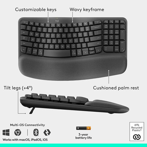 Logitech Wave Keys & Lift Vertical Mouse - Ergonomic Wireless Keyboard and Mouse Combo - with Cushioned Palm Rest, Easy-Switch, Bluetooth, for Multi-OS, Windows/Mac - Graphite (Renewed) in Kuwait