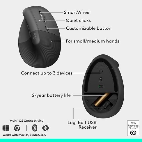 Logitech Wave Keys & Lift Vertical Mouse - Ergonomic Wireless Keyboard and Mouse Combo - with Cushioned Palm Rest, Easy-Switch, Bluetooth, for Multi-OS, Windows/Mac - Graphite (Renewed) in Kuwait