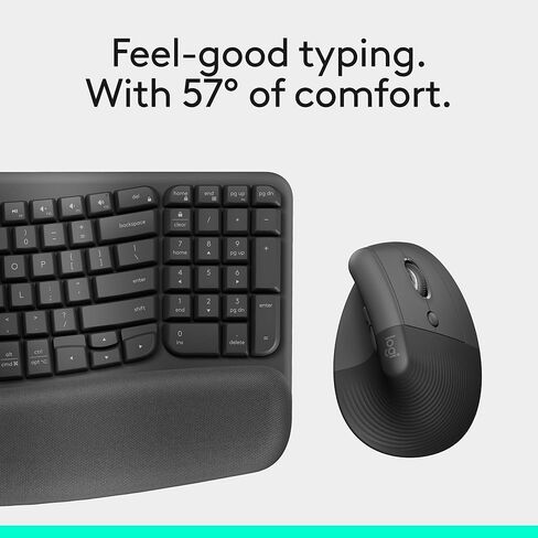 Logitech Wave Keys & Lift Vertical Mouse - Ergonomic Wireless Keyboard and Mouse Combo - with Cushioned Palm Rest, Easy-Switch, Bluetooth, for Multi-OS, Windows/Mac - Graphite (Renewed) in Kuwait