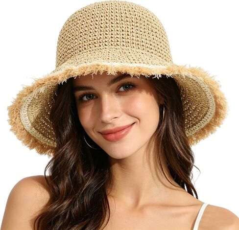 Straw Bucket Hat for Women Foldable Summer Beach Sun Hats Wide Brim Crochet Floppy Hat for Vacation Travel Shade & Style in Kuwait