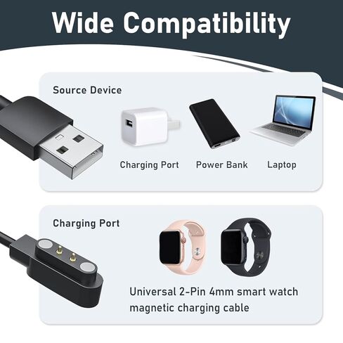 شاحن ساعة ذكية سريع الجدار، كابل شحن USB مغناطيسي 2 دبوس 4 مم، سلك شحن بديل للساعة الذكية ومتتبع اللياقة البدنية، امتصاص مغناطيسي قوي، شحن سريع وآمن in Kuwait