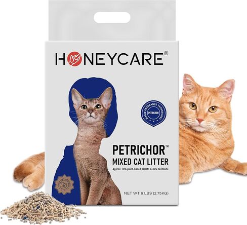 HONEY CARE Petrichor Mix Cat Litter I Tofu Cat Litter I الكريات النباتية الطبيعية والبنتونيت فضلات القطط المستدامة I منخفضة الغبار Qucik Clumping تحكم فائق في الرائحة، حزمة قيمة 24 رطل (6 رطل × 4) in Kuwait