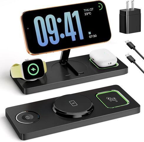 Foldable 3 in 1 Charging Station for Magsafe, Magnetic Phone and Watch Charger Stand for Apple Devices, Wireless Desk Charger Dock for iPhone 17 16 15 14 13 12 Series, Apple Watch and Airpods in Kuwait