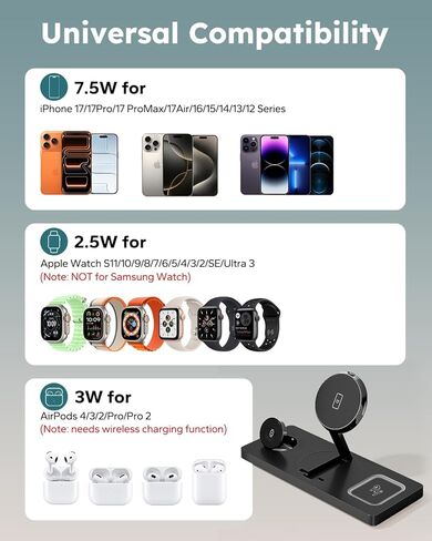Foldable 3 in 1 Charging Station for Magsafe, Magnetic Phone and Watch Charger Stand for Apple Devices, Wireless Desk Charger Dock for iPhone 17 16 15 14 13 12 Series, Apple Watch and Airpods in Kuwait
