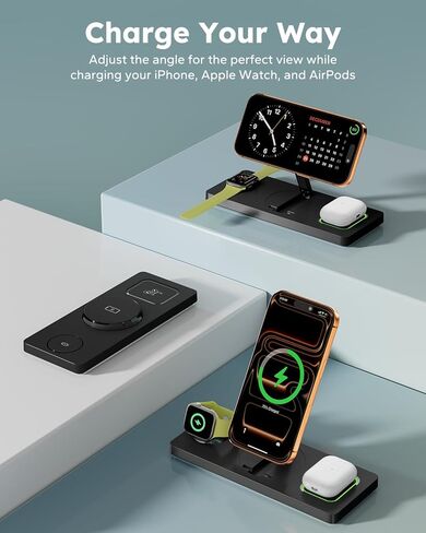 Foldable 3 in 1 Charging Station for Magsafe, Magnetic Phone and Watch Charger Stand for Apple Devices, Wireless Desk Charger Dock for iPhone 17 16 15 14 13 12 Series, Apple Watch and Airpods in Kuwait