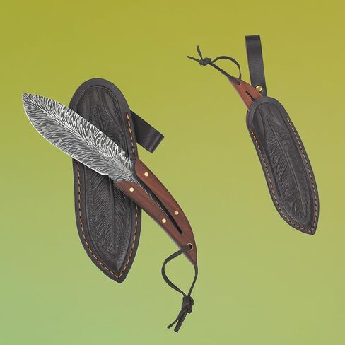 Full-tang Fixed Blade, Feather texture Wood Handle Hunting Knife with Leather Sheath for Camping, Hiking, EDC, and Survival in Kuwait