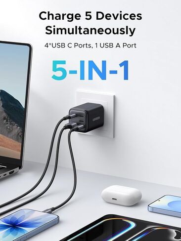 UGREEN 5-Port 45W USB C Charger Block, PD/PPS/QC 45 Watt Fast Charging, GaN Charger with 4 USB C Port for iPhone 17/16/15, Galaxy S26/S25/S24/S23, Pixel 10/9/8, iPad, MacBook Neo/Air and More in Kuwait