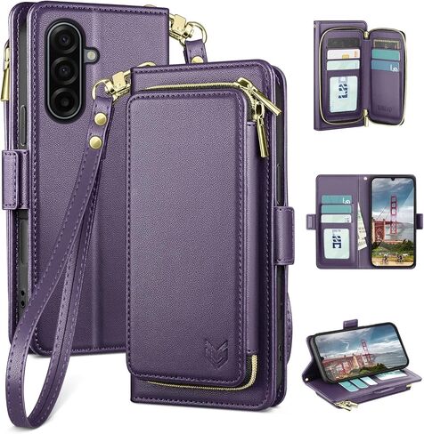 DJBEAR for Samsung Galaxy A17 5G Wallet Case for Men & Women, All-in-One Flip Folio Cover with 9 Card Slots, Zipper Pocket, Detachable Wrist Strap, Full Body Protection for Samsung A17 Dark Purple in Kuwait
