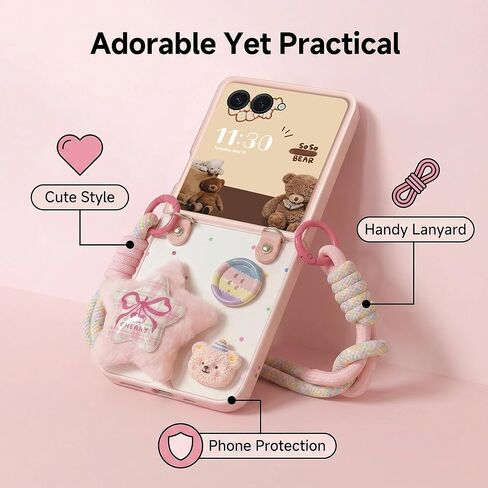 Cute Case for Samsung Z Flip 7 with Strap, Cute Girly Design Galaxy Z Flip 7 Case for Women Girls, Anti-Scratch Shockproof Protective Pink Phone Case for Samsung Galaxy Z Flip 7(2025) in Kuwait